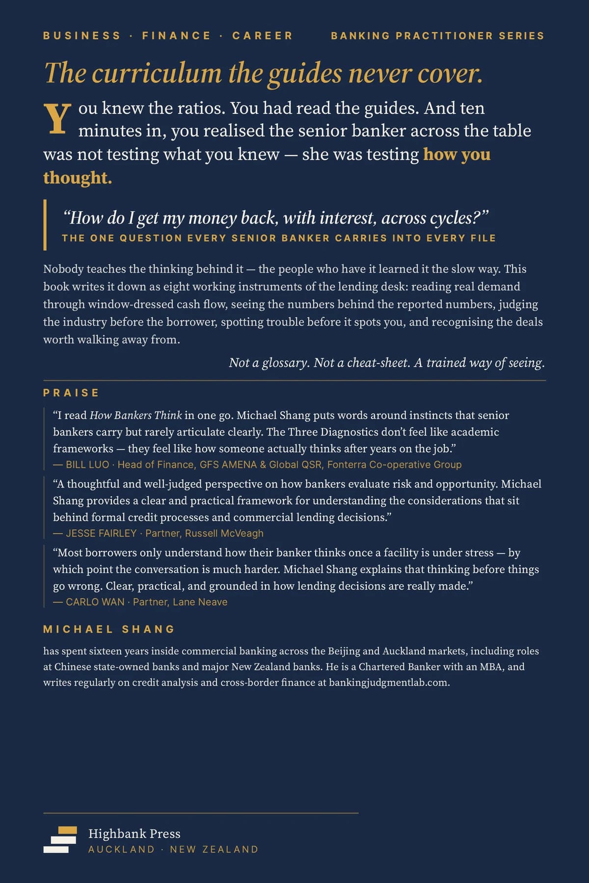 How Bankers Think — the back cover, with the endorsements printed under PRAISE